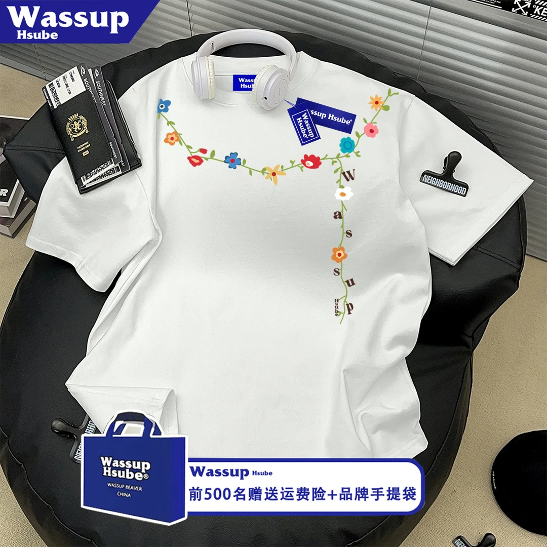 WASSUP HSUBE100%纯棉潮牌花卉印花短袖T恤男女时尚百搭宽松上衣