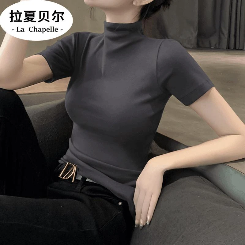 拉夏贝尔半袖白色短袖黑色女高端夏季打底螺纹春洋气烟灰色百搭