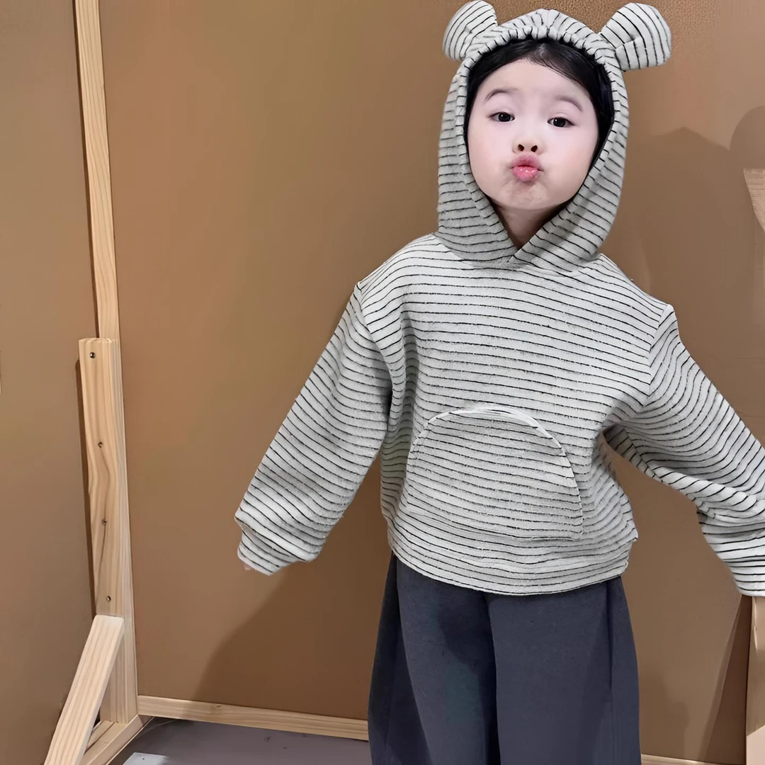 女童可爱小熊耳朵卫衣秋季韩系女小童洋气撞色条纹上衣舒适镰刀裤