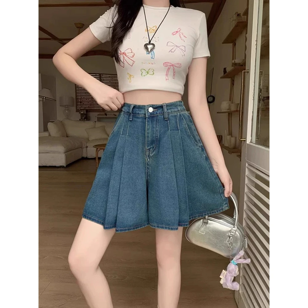 法式港风复古蓝色牛仔短裤裙女2025新款夏季显瘦百搭气质A字半身