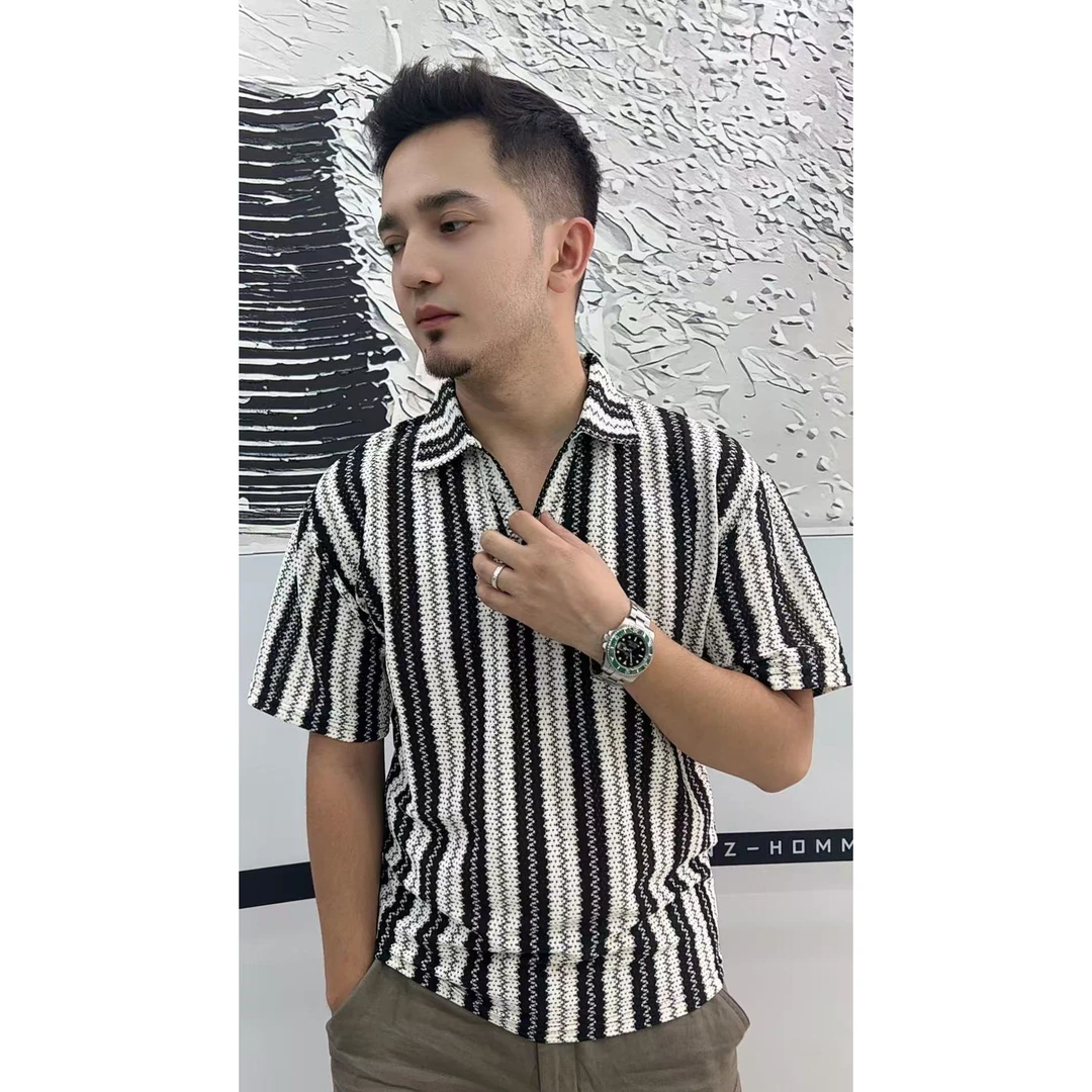 夏季男士T恤时尚宽松半袖翻领复古潮牌百搭高级感短袖