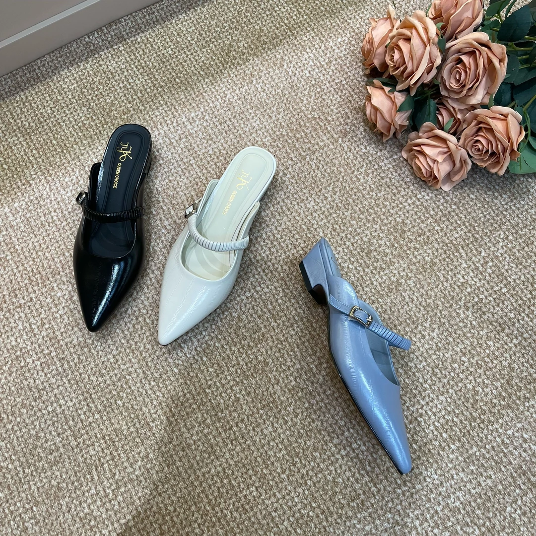 【Seepro】 3cm，2025夏季新款百搭时尚尖头真皮半拖鞋女包头拖 5162