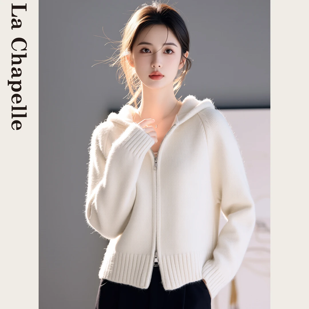 拉夏贝尔秋冬新款双拉链连帽毛衣外套女修身短款内搭上衣漂亮衣服