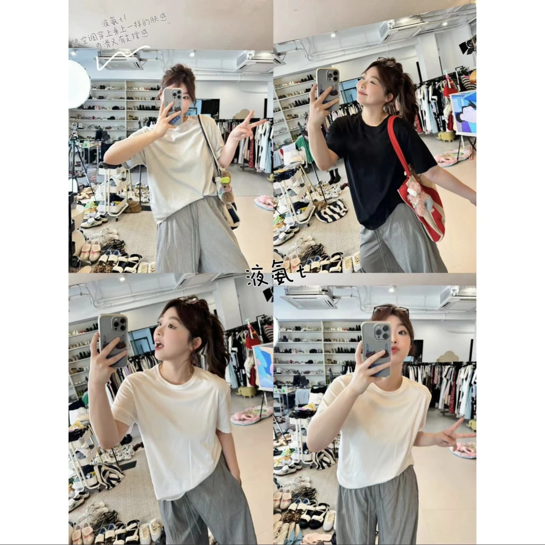 蕾蕾 【液氨t】韩系圆领纯色简约百搭短袖胖J上衣T恤时尚休闲