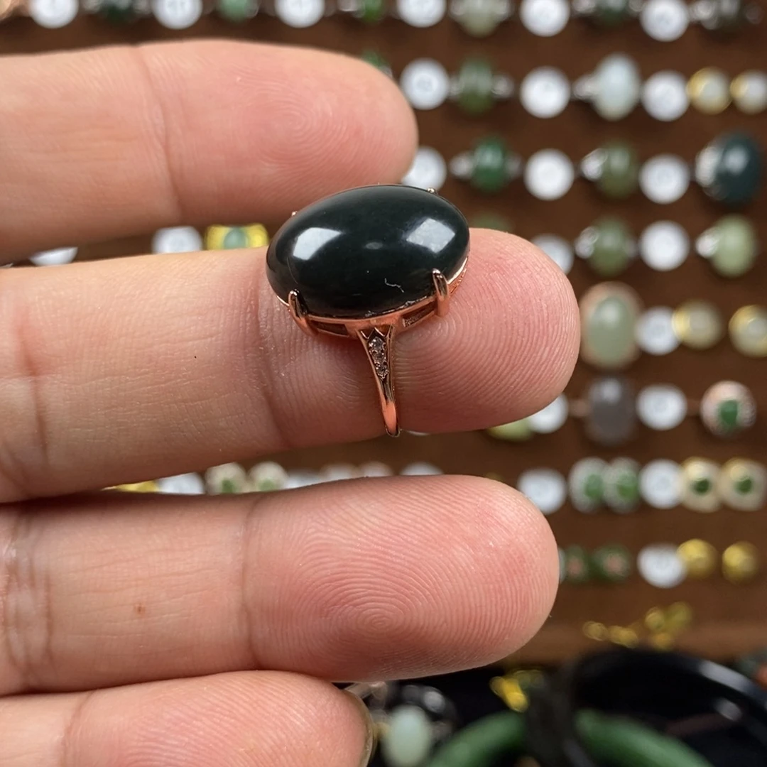 和田玉（青玉）戒指银S925镀金镶嵌