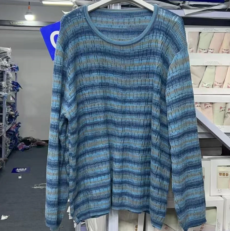 2025春季女新款时尚彩色条纹镂空长袖针织衫 25008 -A119(娇)