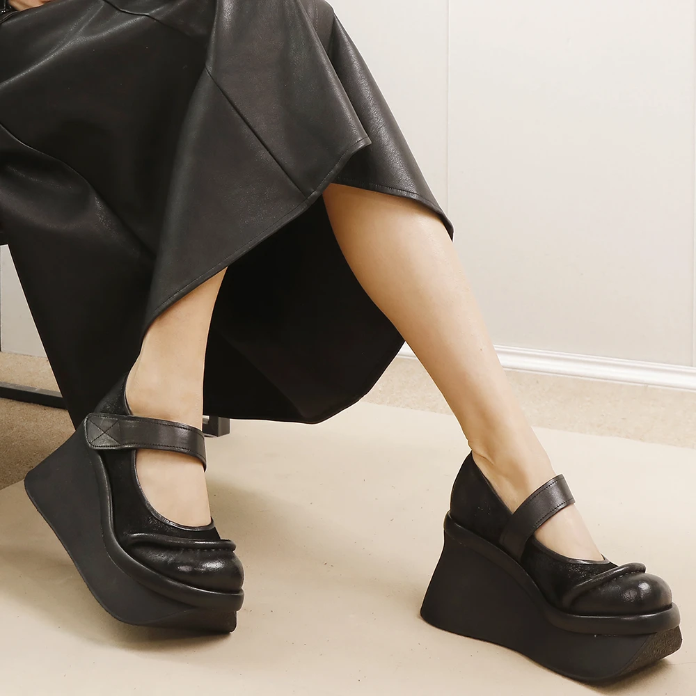 谜丫蜜原创10CM一字带厚底鞋女2025年春夏新款火烧牛皮四季单鞋子