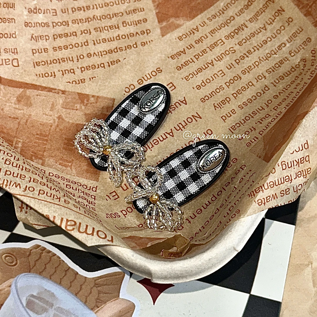 【水潔草】黑白格子蝴蝶结发夹头饰气质夹子发卡韩版简约可爱L118