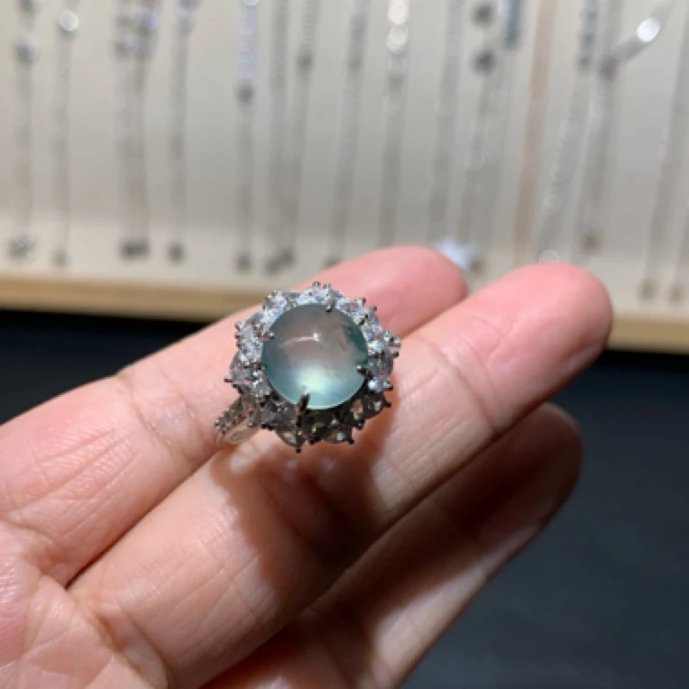 【山水】纯天然缅甸A货翡翠s925银镶嵌冰飘花戒指双眼皮正圆