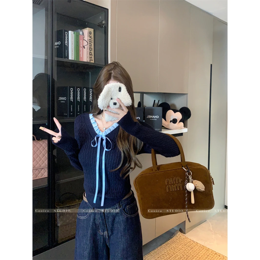 小香风针织衫拼接外套女2025秋季新款藏青色短款长袖秋冬毛衣上衣