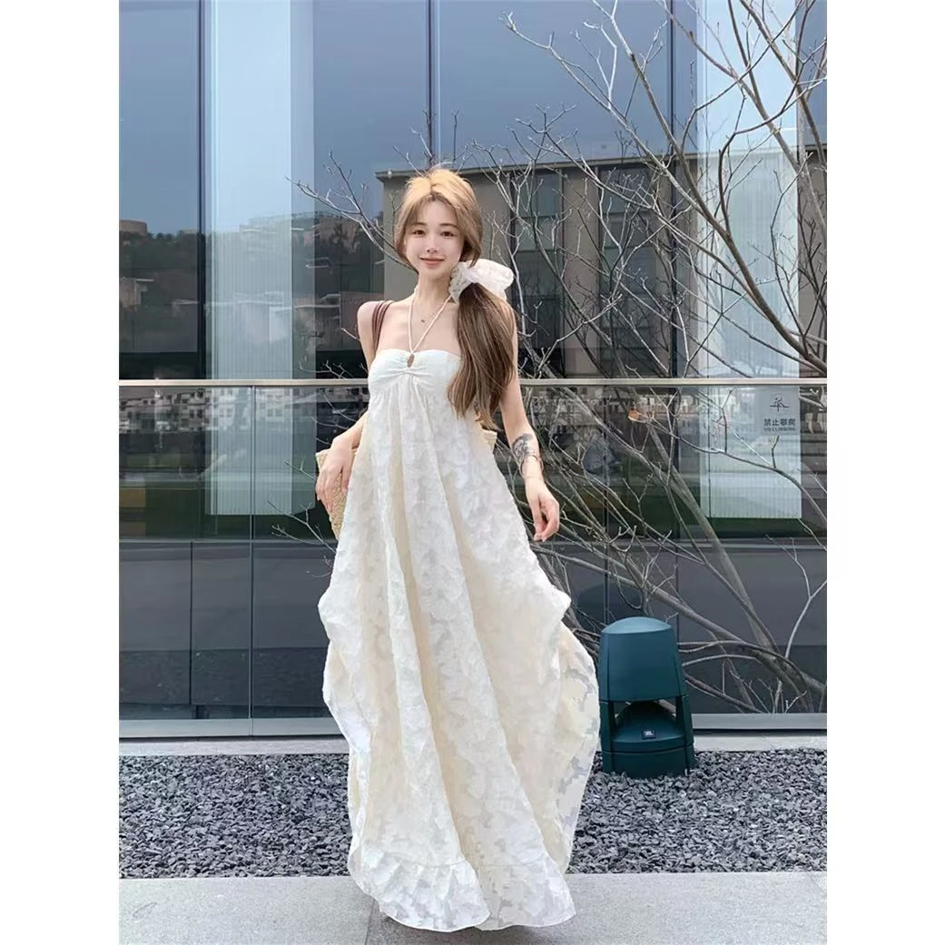 法式荷叶边挂脖长裙连衣裙小众长款初恋设计挂脖长裙白色