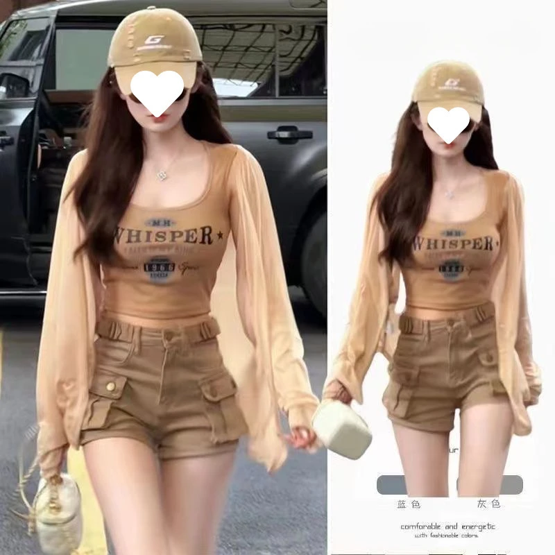 夏季一整套穿搭女新款韩版机车女孩衬衫背心牛仔裤潮流三件套