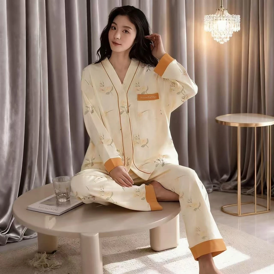 奢莱蔻国风茉莉花秋冬长袖睡衣女宽松休闲舒适透气家居服58306