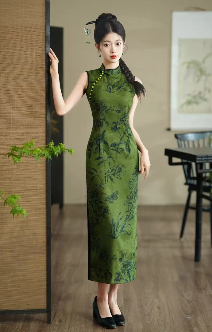 【华夫人】绿色无袖显瘦气质夏季复古提花旗袍·衣长120