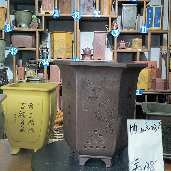 紫砂花盆紫泥六方