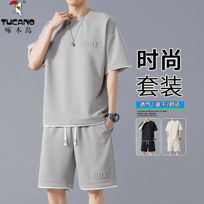啄木鳥新款夏季休闲运动装男士短裤短袖t恤潮流宽松时尚大码套装
