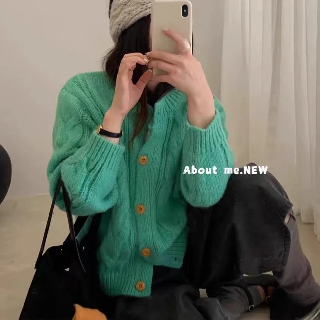 纯色麻花针织开衫女秋冬2025韩系宽松软糯高级感毛衣外套上衣#78