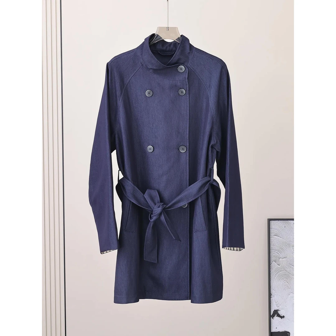 高端藏青色天丝风衣外套女秋新款宽松休闲气质系带收腰中长款上衣