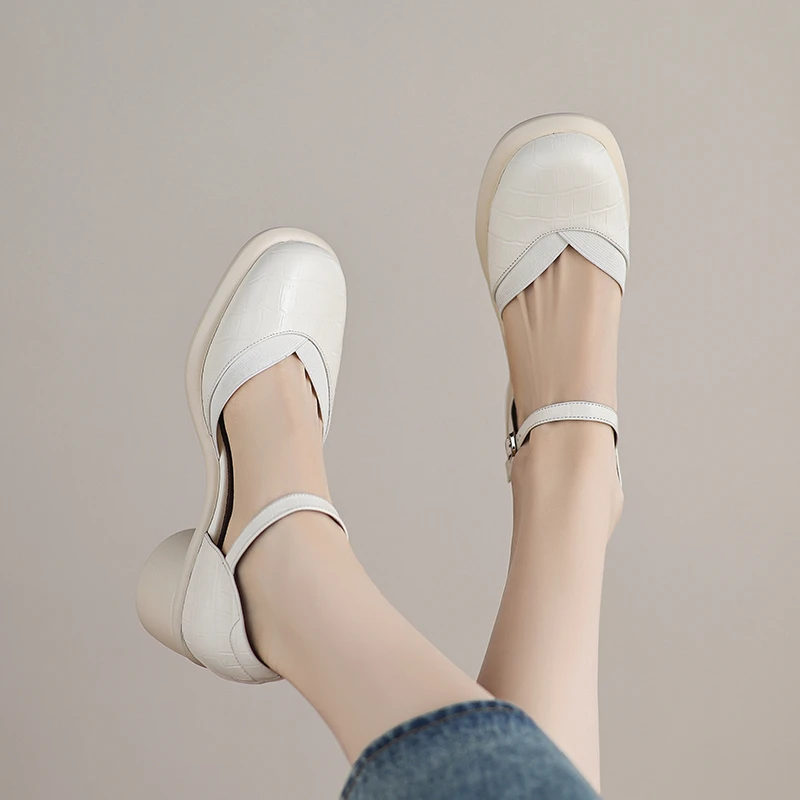 牛皮/5cm/夏季新款爆款时尚百搭增高跟粗跟厚底真皮包头凉鞋女鞋