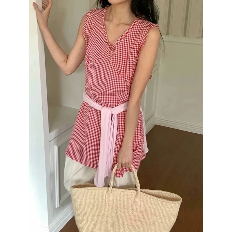 慕予-【格子连衣裙】韩单seconddres*复古花边V领显瘦无袖背心
