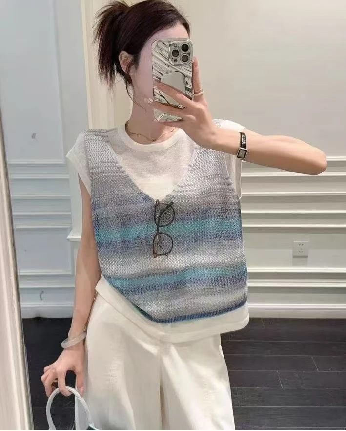 【海岸】超显白的~彩纱晕染好夏天！轻薄透气针织衫Y7615蓝