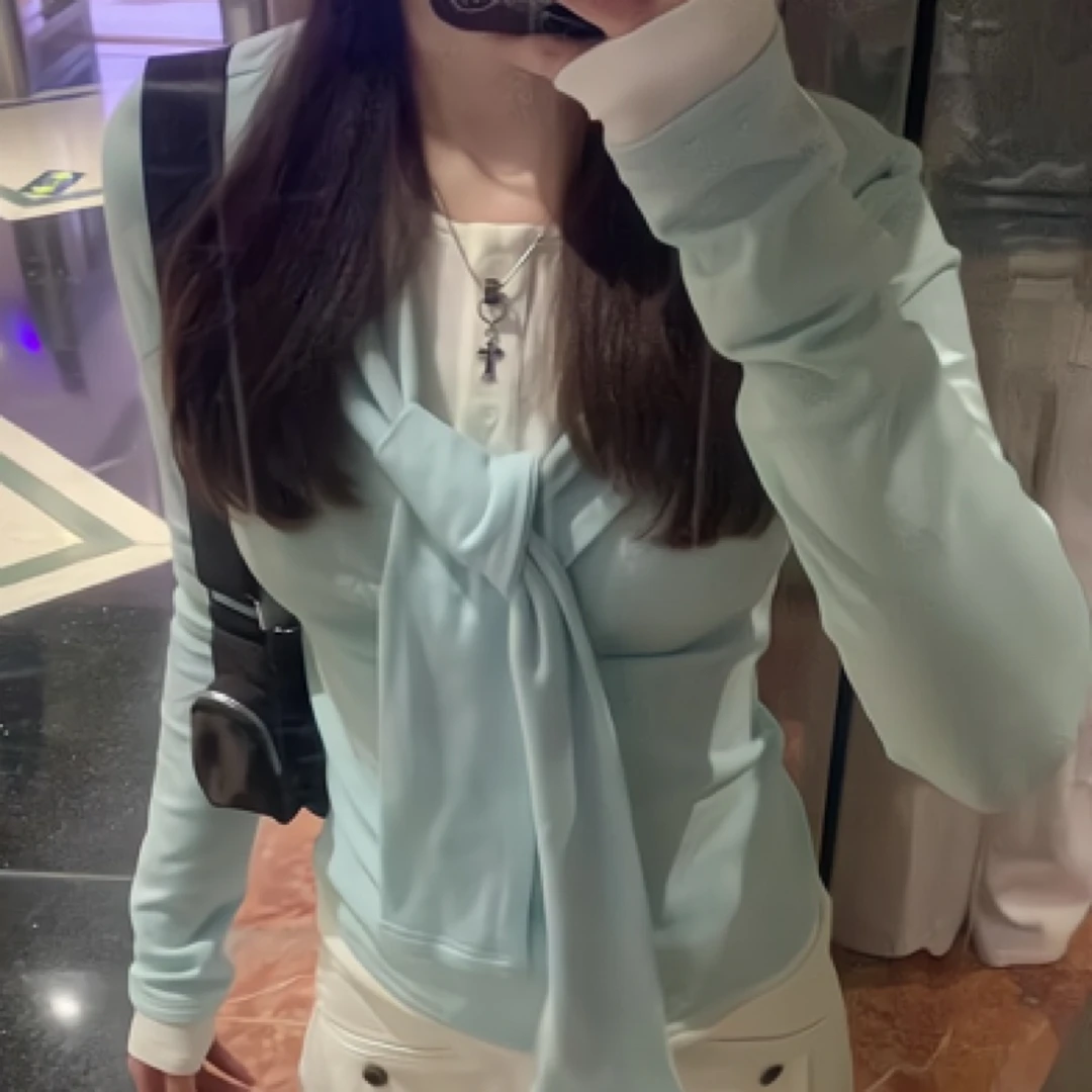 2025春季薄款浅蓝色修身显瘦假两件长袖打底衫上衣高腰宽松阔腿裤