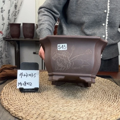 紫砂花盆切角四方荷花刻绘545