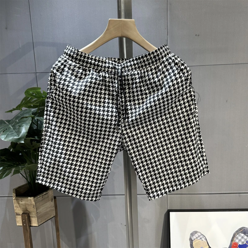 千鸟格格子五分裤男士透气夏季短裤黑白时尚潮流格纹薄款经典裤子