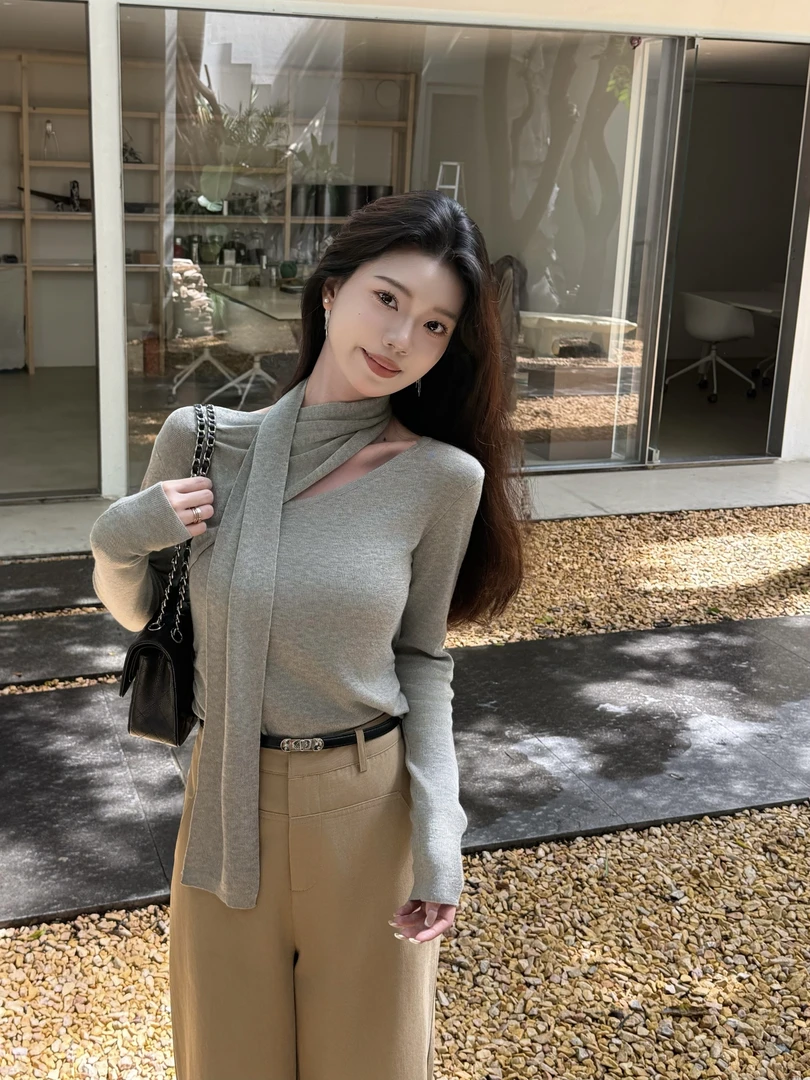 【美丽诺言】新款秋季韩系飘带小众设计感针织衫气质修身长袖上衣女