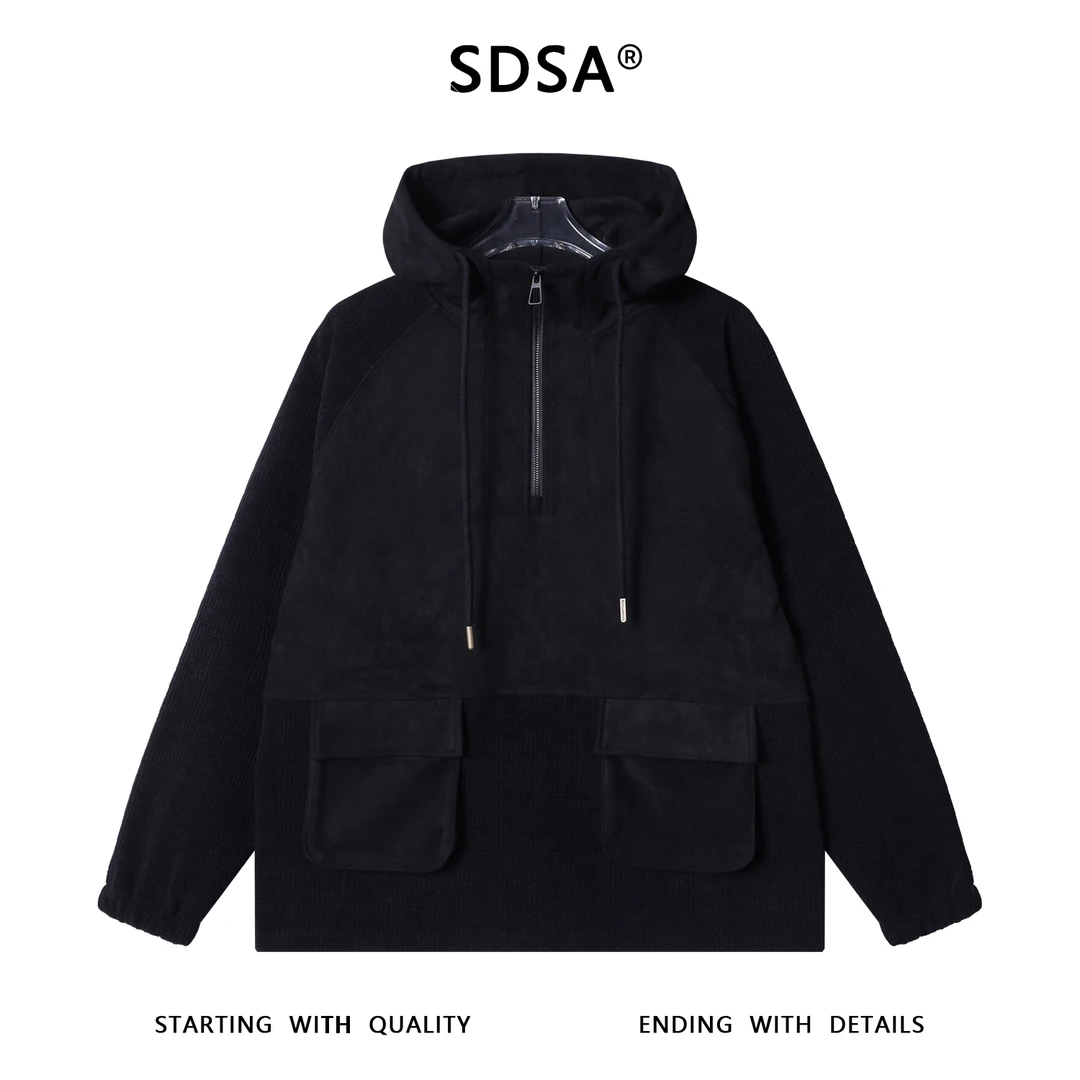 SDSA男士秋冬新款痞帅男装韩版绒面拼接半拉链立领连帽卫衣时尚潮
