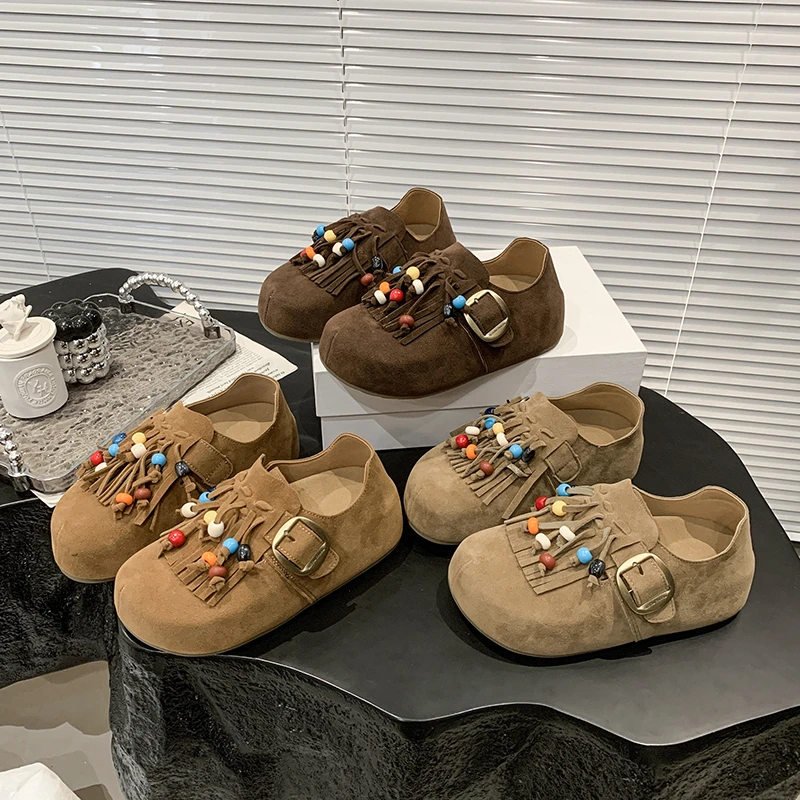 流苏串珠一脚蹬勃肯鞋女款夏季厚底深口单鞋2025新款ins百搭女鞋