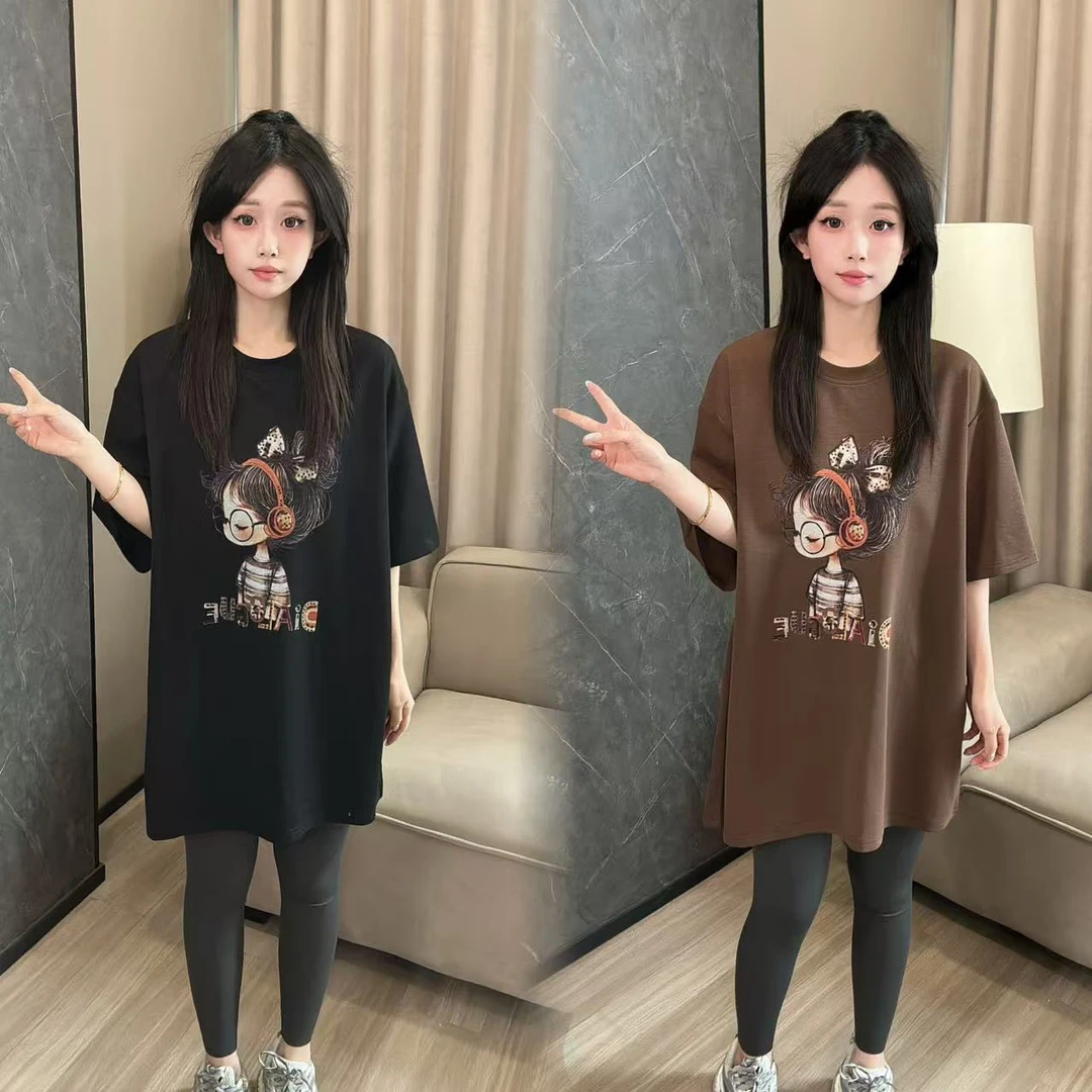 二姐的宝藏夏款卡通呆萌女孩印花宽松韩系后背蕾丝短袖上衣#25186