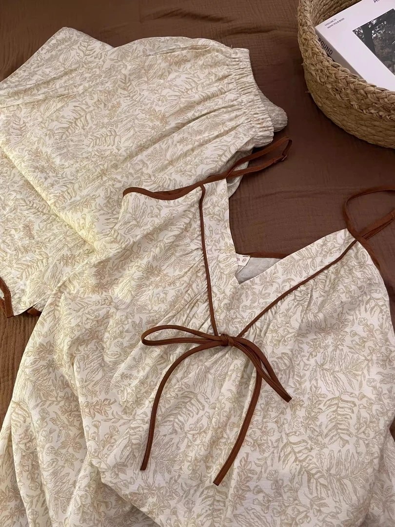 睡衣女夏季2025新款新中式禅意风印花吊带休闲复古长裤家居服套装