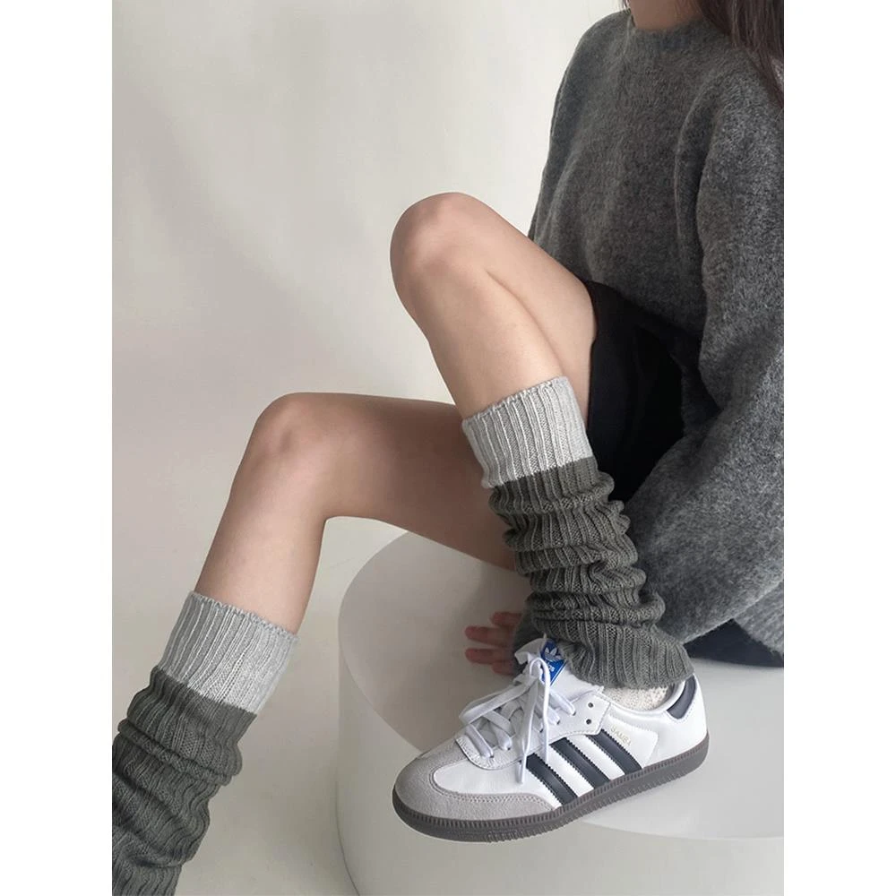 针织袜套女款拼色毛线腿套秋冬堆堆袜辣妹小腿袜灰色y2k中筒袜子