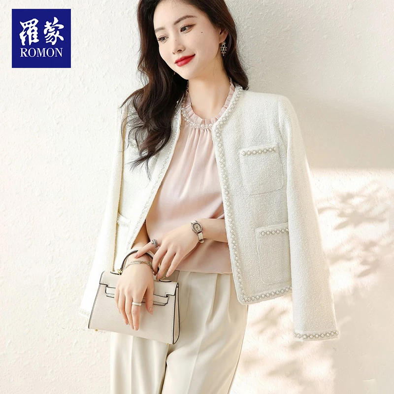 罗蒙女士花式纱线编织羊毛手工镶边轻奢小香风外套WT42630