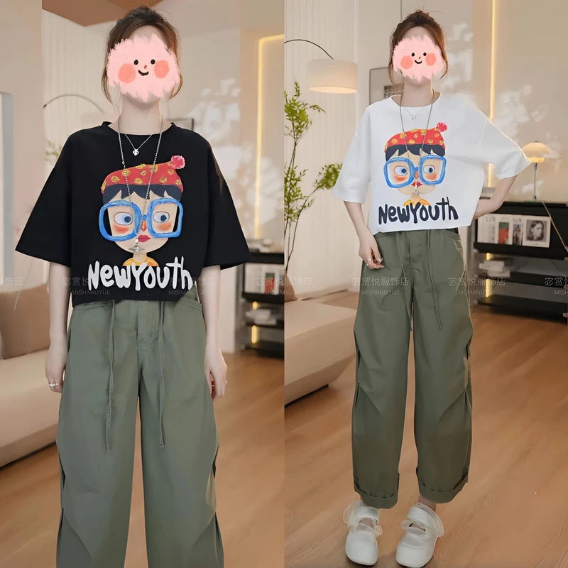 2025夏季气质时尚卡通印花短袖T恤上衣显瘦百搭阔腿裤休闲套装女