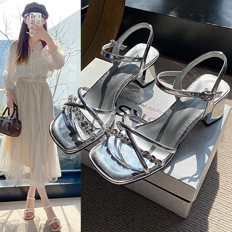 粗跟凉鞋女2025新款精致绝美水钻仙女风高跟鞋高级感配裙子罗马鞋