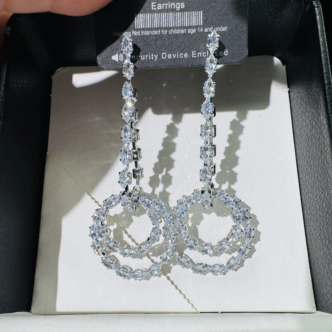 铜合金合成锆石耳饰 双层圈圈流苏长款耳环设计轻奢高级感百搭