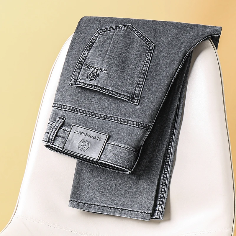 夏季透气时尚莱赛尔男裤柔软商务休闲男士烟灰色水洗天丝薄牛仔裤