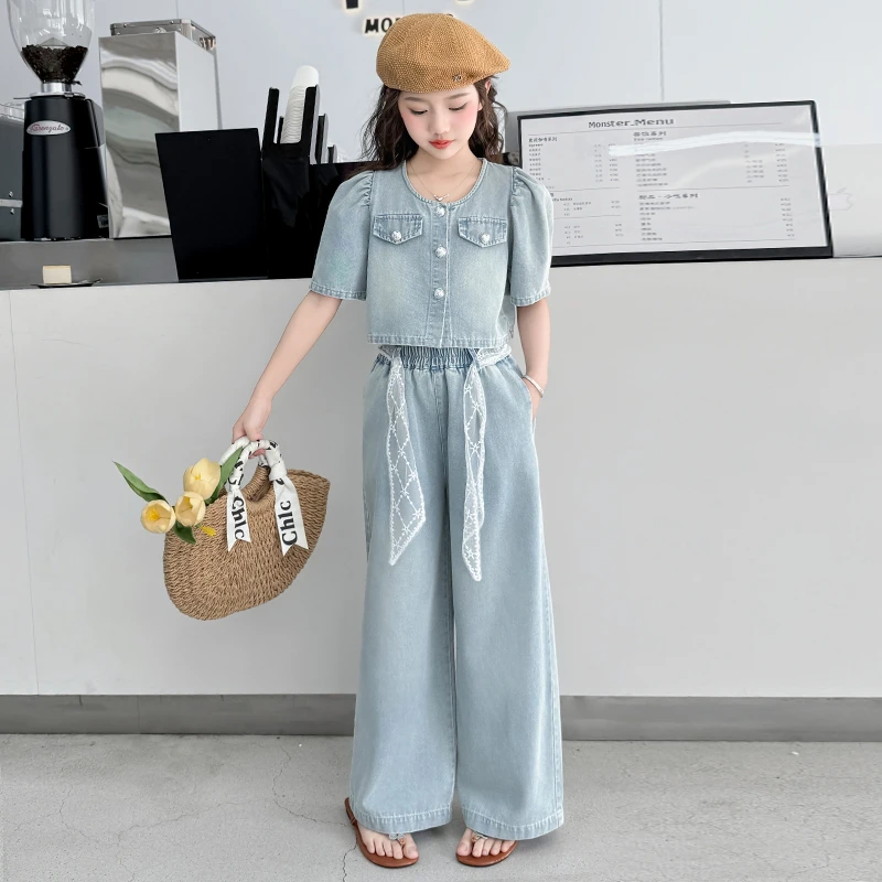 女童牛仔套装夏装2025新款中大童夏季洋气泡泡袖上衣阔腿裤两件套