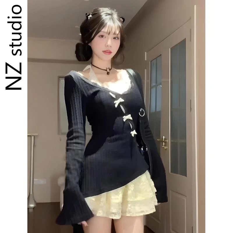 小个子超好看一整套女春季纯欲辣妹内搭蕾丝连衣裙黑色罩衫两件套