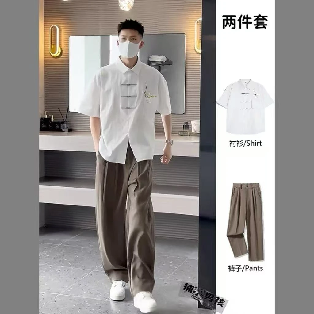 新中式冰丝衬衫短袖男士夏季设计感飞机扣防晒衬衣高级感唐装套装