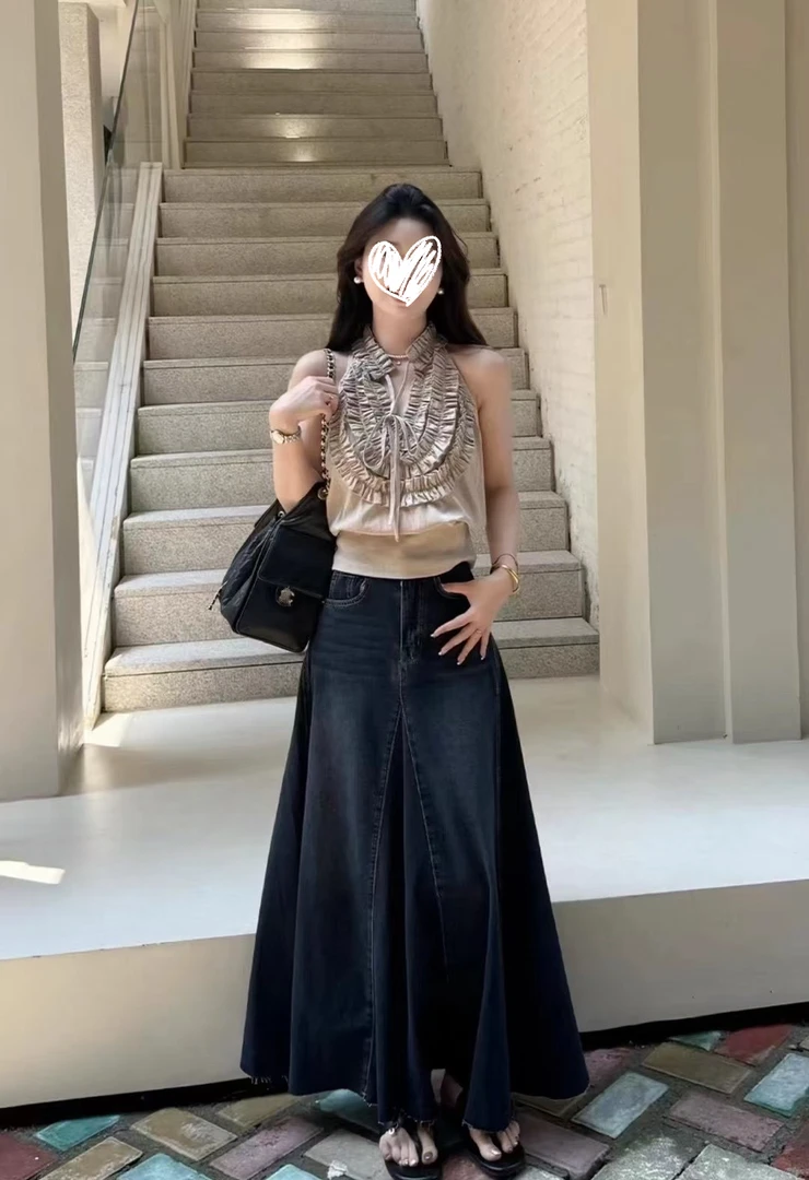 【罗马情诗】木耳边上衣无袖复古港风高腰显瘦A字百褶裙牛仔半身裙