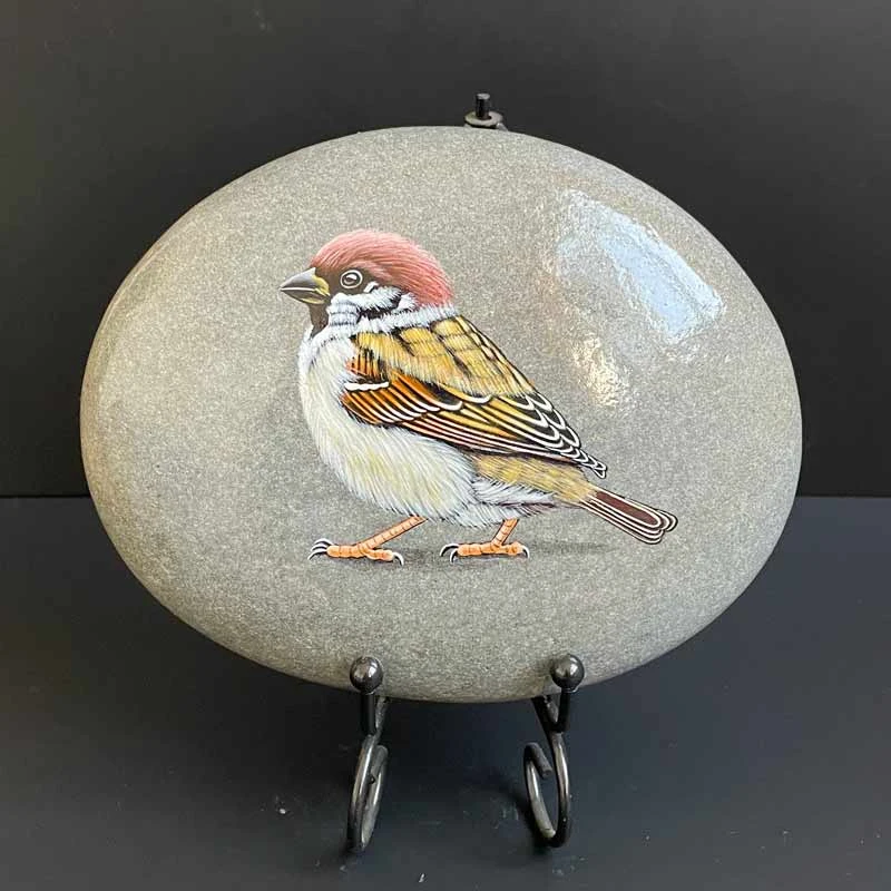 纯手绘五谷丰登麻雀丙烯石头画摆件饰品赠送礼品带支架