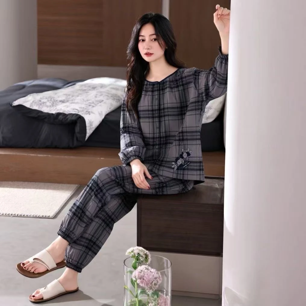 睡衣女款简约高级感春秋季新款圆领格子开衫长袖长裤家居服可外穿