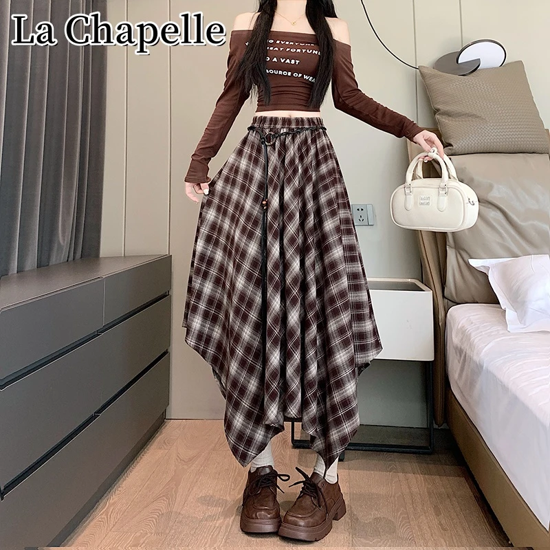 拉夏贝尔秋季新款不规则格子半身裙时尚百搭高腰显瘦中长大摆裙子