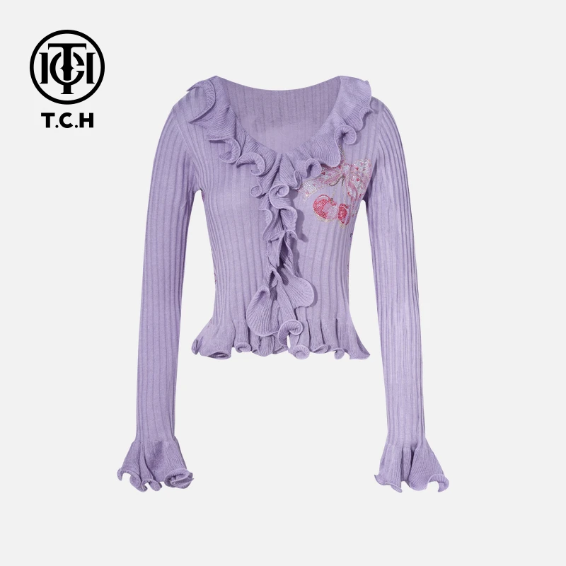 TCH私服烫钻工艺时尚优雅气质紫色针织衫女T75C09E5079轻奢tch
