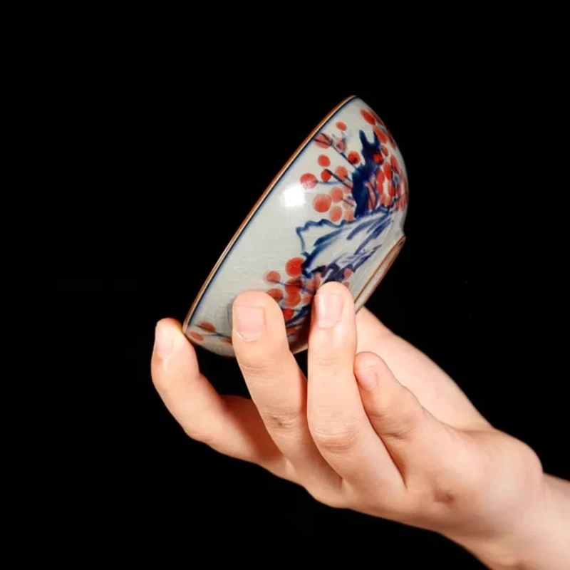 景德镇柴烧手工手绘寒梅陶瓷普洱杯老陶泥开片茶杯大容量高档送礼