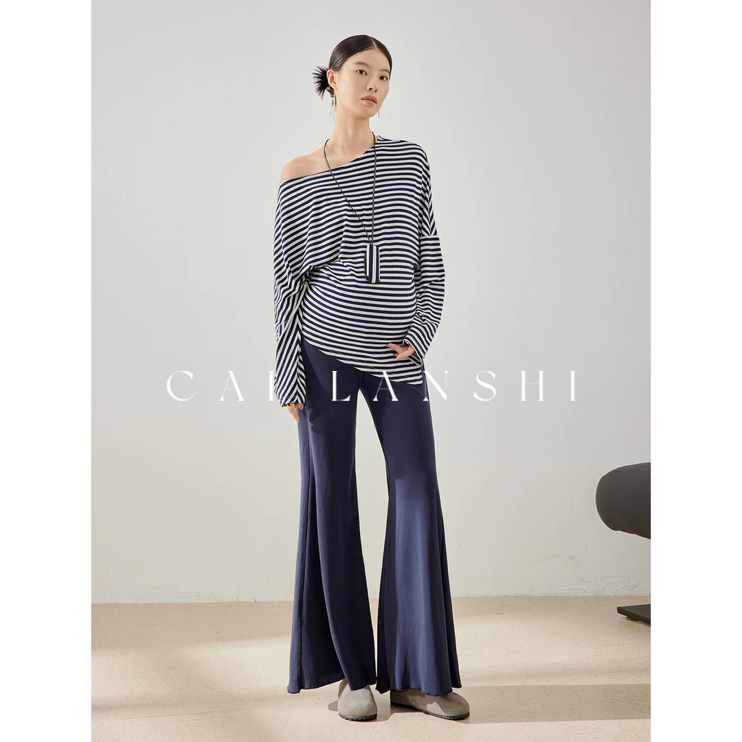 彩蓝诗孕妇装2025秋季新款微喇裤孕妇条纹长袖T恤两件套装50711