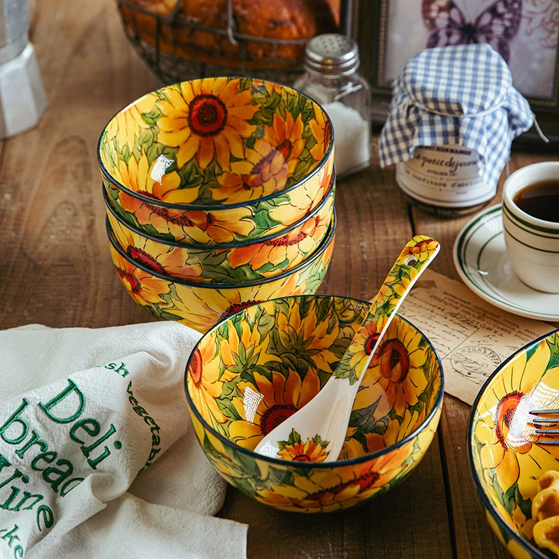 【西藏包邮】向日葵-2个米饭碗2个汤勺波兰彩高颜值陶瓷碗家用餐具